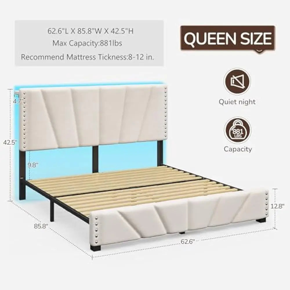 LED Upholstered Bed Frame – Velvet Storage Headboard with Charging Station & Noise-Free Wooden Slat Support