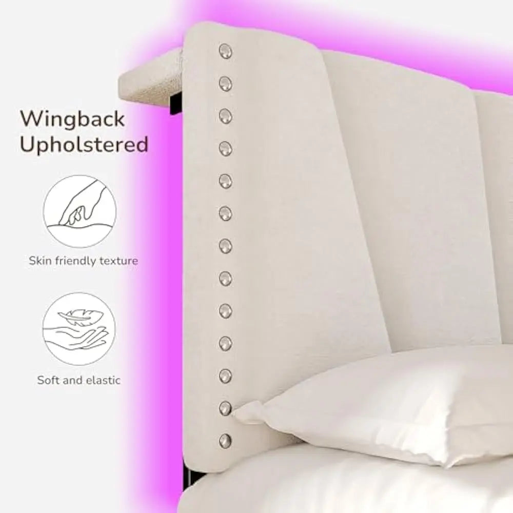 LED Upholstered Bed Frame – Velvet Storage Headboard with Charging Station & Noise-Free Wooden Slat Support