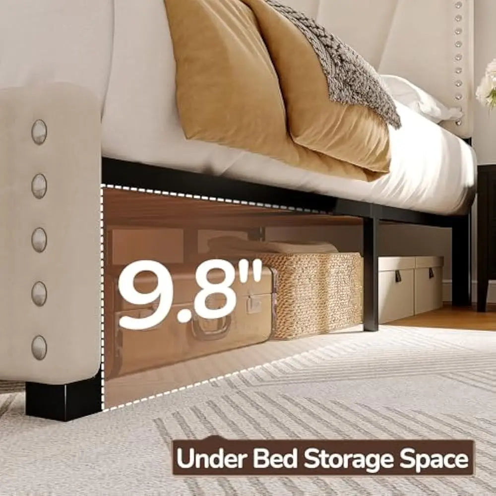 LED Upholstered Bed Frame – Velvet Storage Headboard with Charging Station & Noise-Free Wooden Slat Support