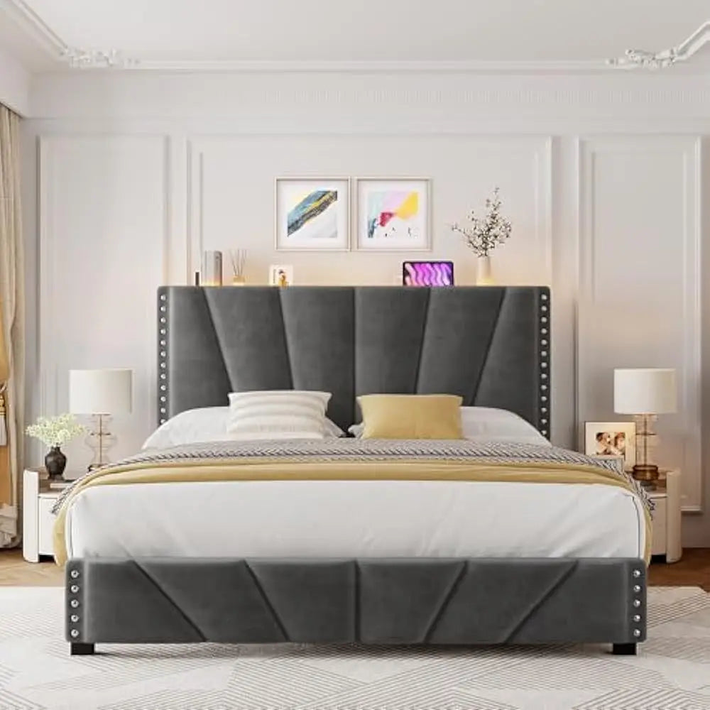 LED Upholstered Bed Frame – Velvet Storage Headboard with Charging Station & Noise-Free Wooden Slat Support