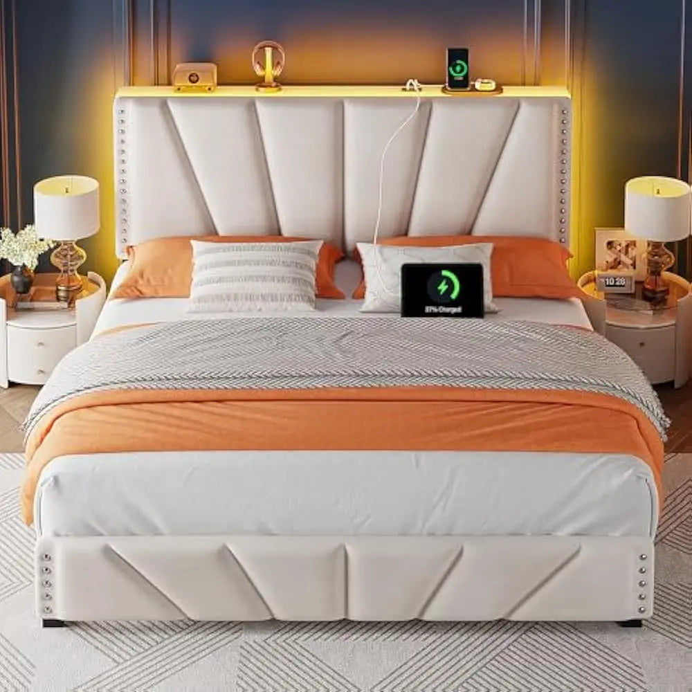 LED Upholstered Bed Frame – Velvet Storage Headboard with Charging Station & Noise-Free Wooden Slat Support