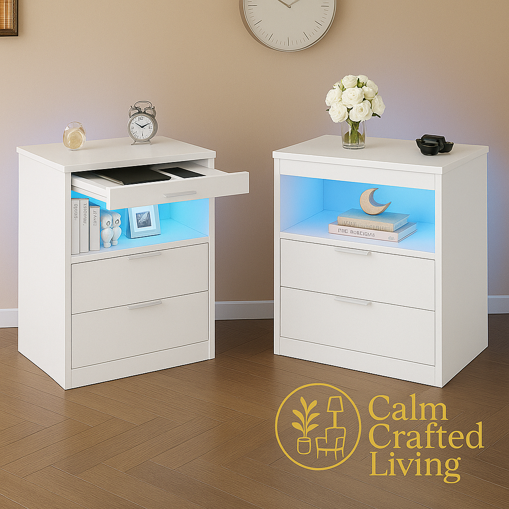 Modern Black LED Nightstand Set of 2 with Wireless Charging Station – Night Stands with Drawers, Pull-Out Shelf for Bedroom