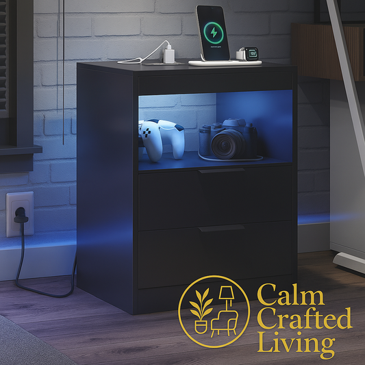 Modern Black LED Nightstand Set of 2 with Wireless Charging Station – Night Stands with Drawers, Pull-Out Shelf for Bedroom