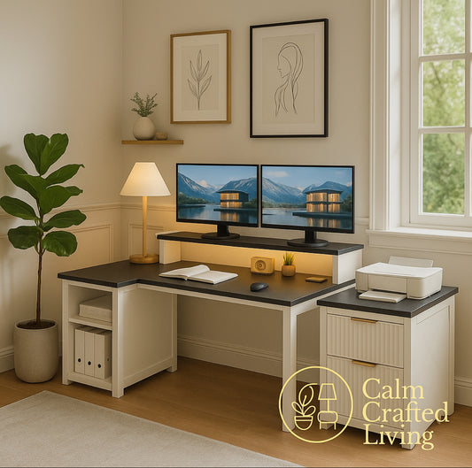 67" Modern L-Shaped Home Office Desk – Fluted Wood Design with Storage Cabinet & Drawers