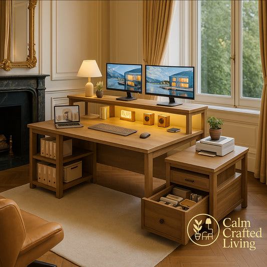 63" Farmhouse Computer Desk with Drawers, Storage Shelves & Built-In Power Outlets – Home Office Desk with Long Monitor Stand