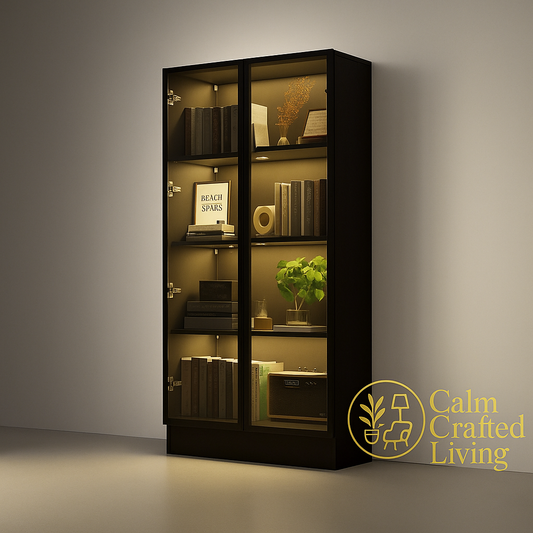 Black Glass Display Cabinet with LED Lights – 4-Tier Storage Shelves for Collectibles, Figures & Home Décor