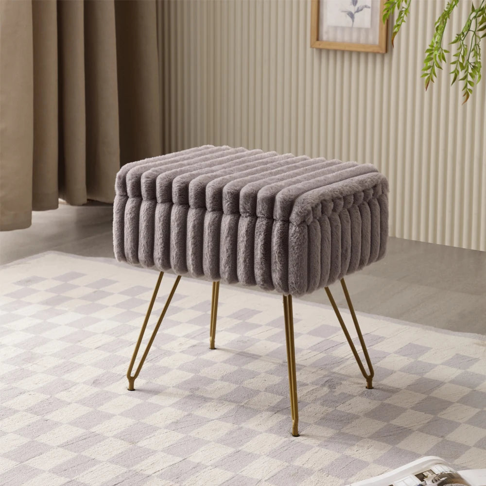 Chic Faux Fur Vanity Stool with Hidden Storage – Soft Ottoman Chair for Makeup, Dressing Table & Relaxation