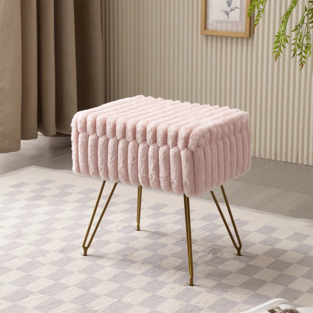Chic Faux Fur Vanity Stool with Hidden Storage – Soft Ottoman Chair for Makeup, Dressing Table & Relaxation