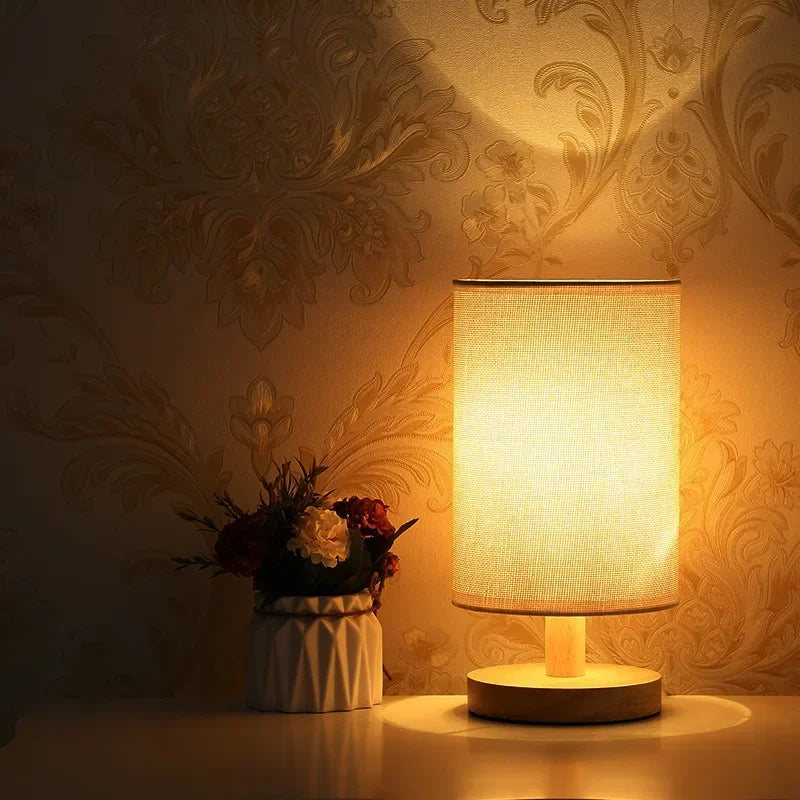 Solid Wood LED Table Lamp – Linen Shade Nightstand Light with USB Power & Eye-Care Illumination