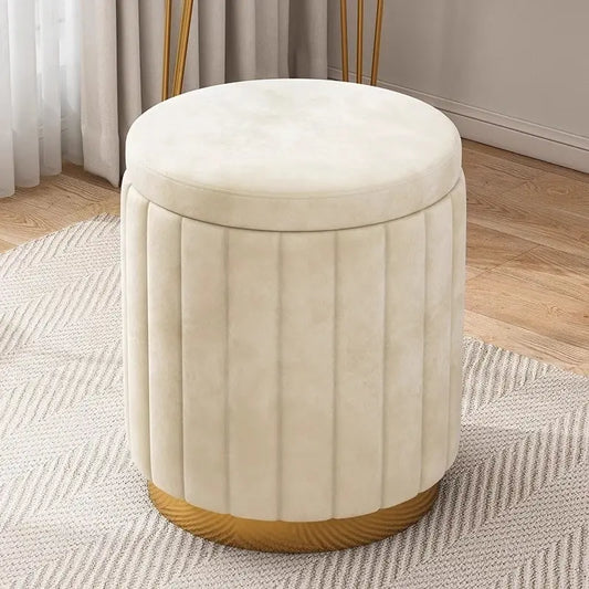Modern Light Luxury Round Makeup Stool – Upholstered Vanity Ottoman with Hidden Storage for Bedroom or Dressing Area