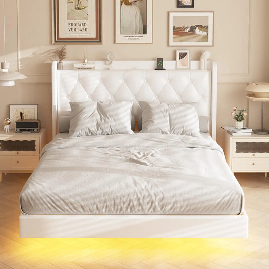Vabches Floating Queen Bed Frame with LED Lights – Upholstered PU Leather Platform Bed with Power Outlets & Storage Headboard