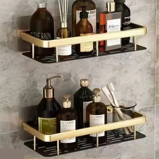 Gold Aluminum Double Shelf – No-Drill Bathroom & Kitchen Wall Organizer with Modern Space-Saving Design