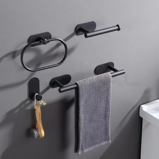 No-Drill Black Stainless Steel Bathroom – Towel Bar, Toilet Paper Holder & Wall-Mounted Accessories