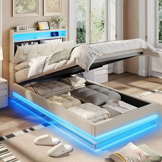 Twin Size Lift-Up Upholstered Platform Bed – Storage Headboard with Charging Station & LED Lights, No Box Spring Needed