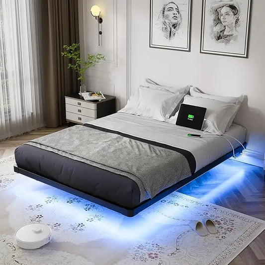 Smart LED Metal Bed Frame – Platform Design with Charging Station, No Box Spring Needed