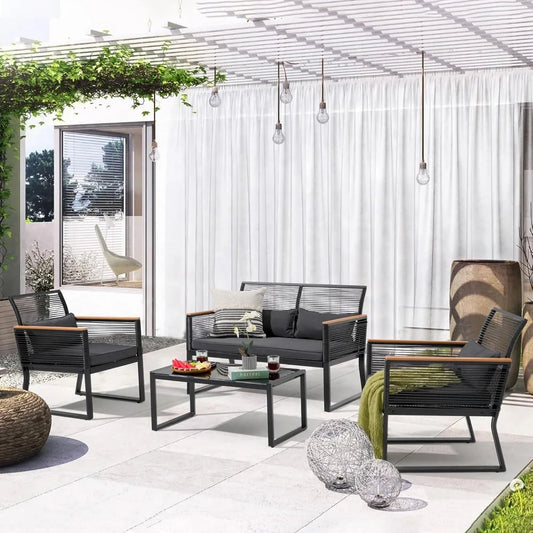 4-Piece Outdoor Patio Furniture Set – All-Weather Black Wicker Conversation Set with Loveseat, Chairs & Coffee Table