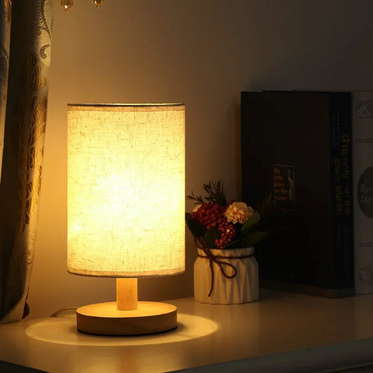 Solid Wood LED Table Lamp – Linen Shade Nightstand Light with USB Power & Eye-Care Illumination