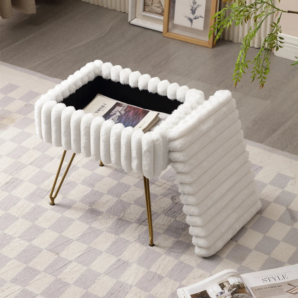 Chic Faux Fur Vanity Stool with Hidden Storage – Soft Ottoman Chair for Makeup, Dressing Table & Relaxation