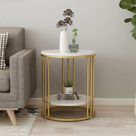 2-Tier Gold & White Marble Accent Table – Round Modern Side Table with Open Shelf.