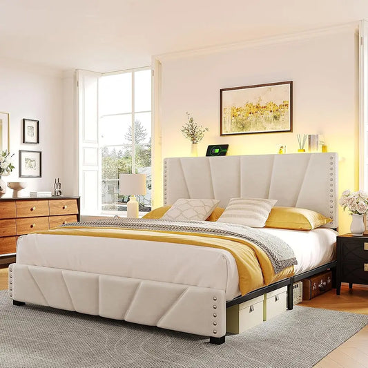 LED Upholstered Bed Frame – Velvet Storage Headboard with Charging Station & Noise-Free Wooden Slat Support